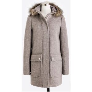 J Crew Factory Vail Parka Gray Zip Up Coat Hood Faux Fur Trim Size 8